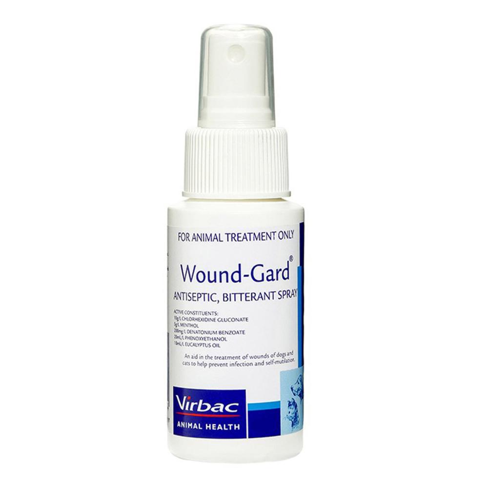 White spray bottle of Wound-Gard antiseptic bitterant spray by Virbac for animal wound treatment