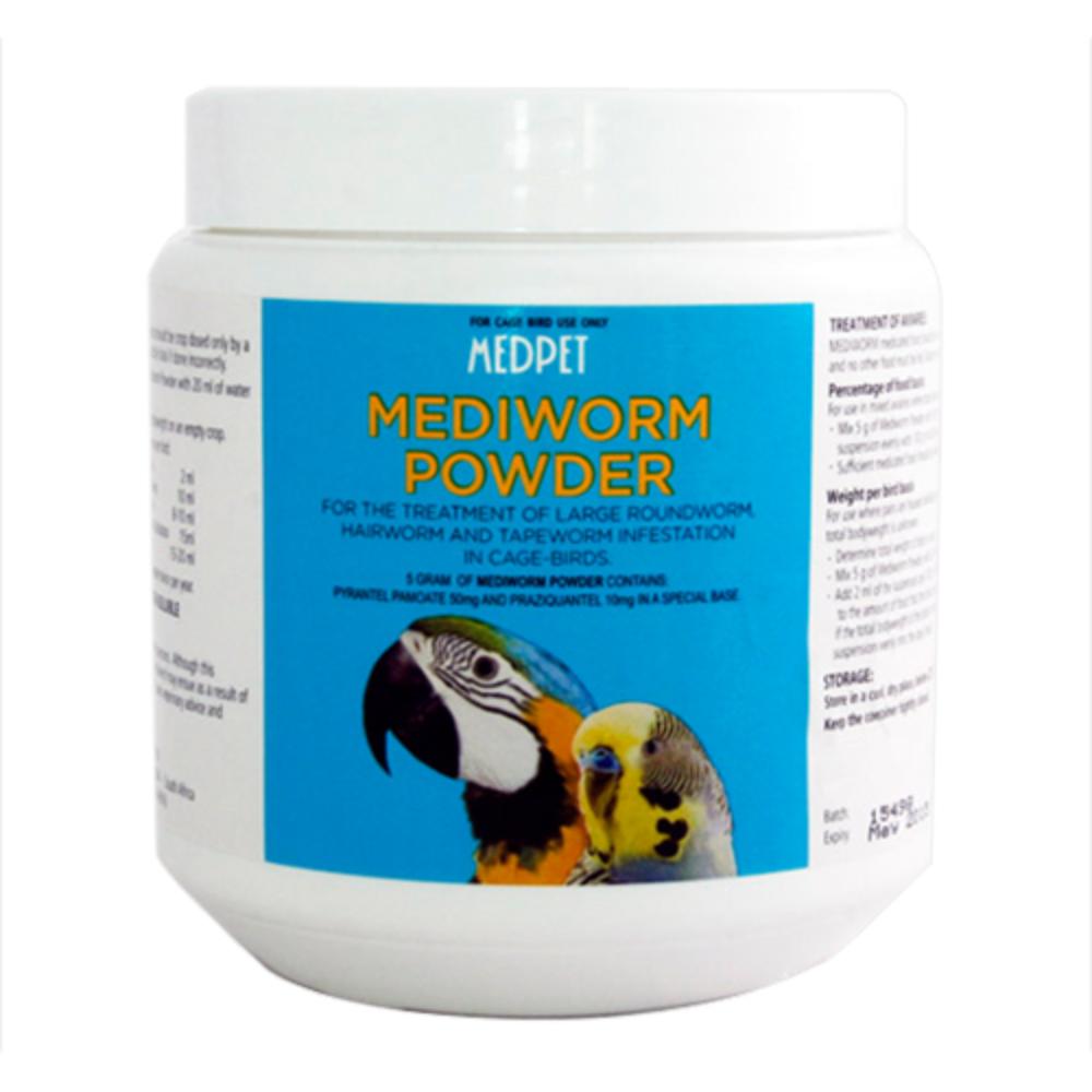 White plastic jar of MEDPET Mediworm Powder for treating worms and parasites in cage birds
